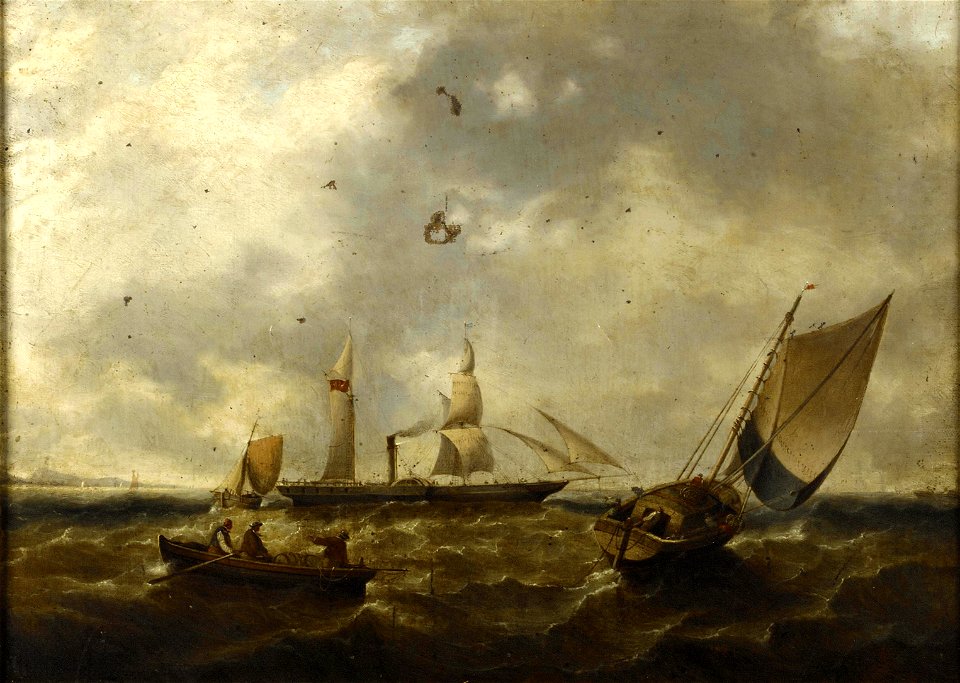 A paddle steamer and fishing vessels near a coast RMG BHC1170
