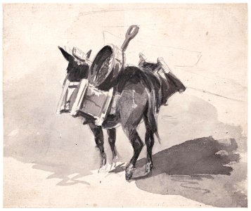 A pack donkey with spades and sand sifter - David Cox the elder - 9041-2048x1720. Free illustration for personal and commercial use.