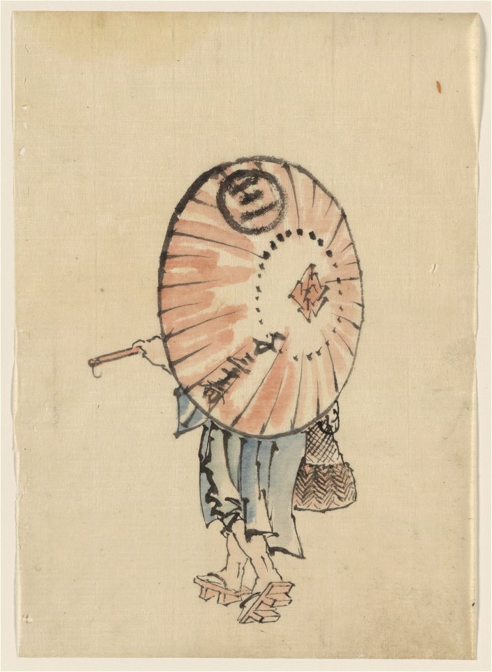 A person walking to the left, mostly obscured by an open parasol carried over the shoulder, wearing kimono and geta, and carrying a bag in right hand LCCN2009631920
