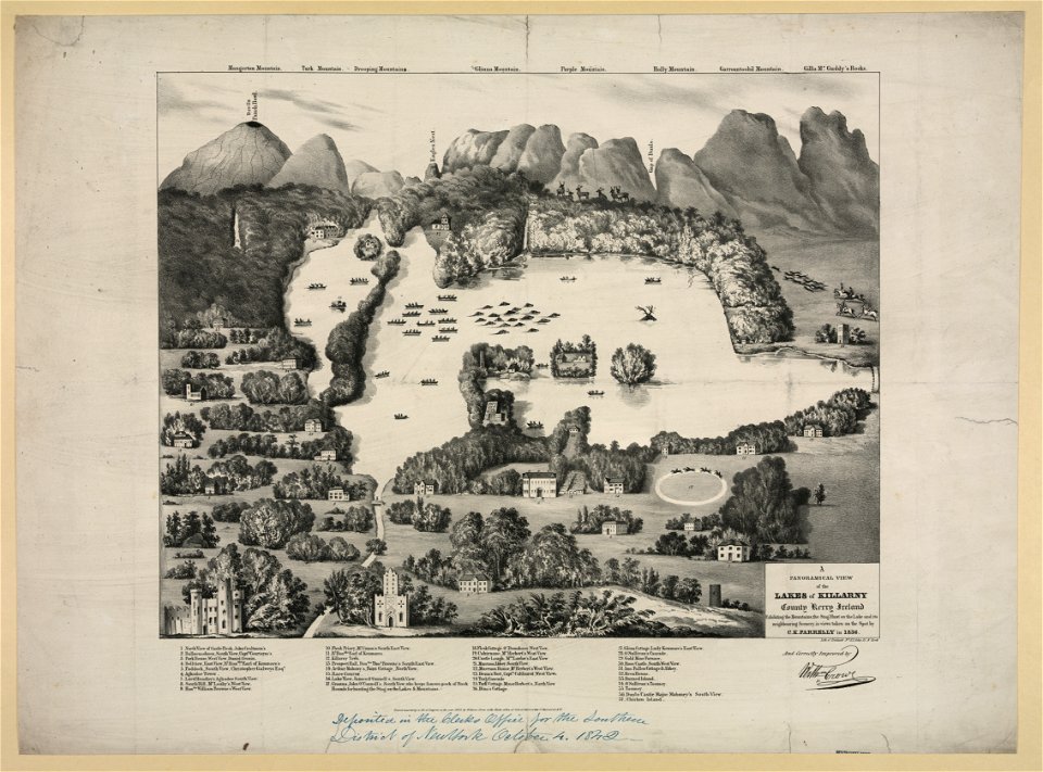 A panoramical view of the lakes of Killarny, County Kerry, Ireland, exhibiting the mountains, the stag hunt on the lake, and its neighbouring scenery, in views taken on the spot by C.K. LCCN00650793