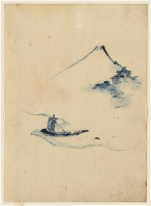 A person in a small boat on a river with Mount Fuji in the background LCCN2009631925