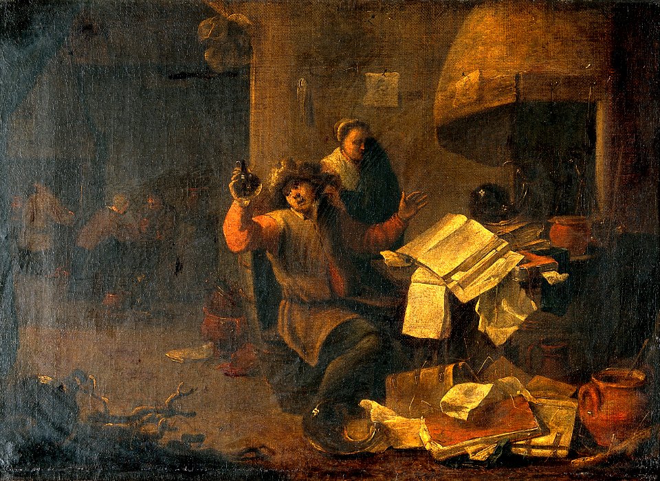 A physician-alchemist examining a urine flask. Oil painting Wellcome V0017285