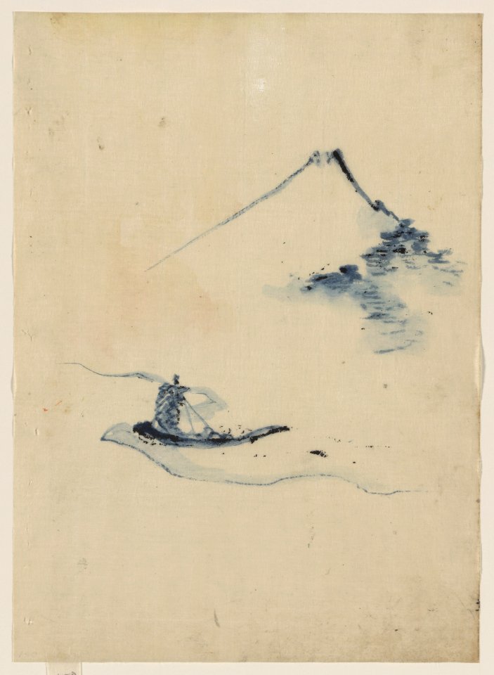 A person in a small boat on a river with Mount Fuji in the background LCCN2009631925