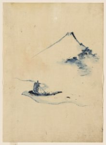 A person in a small boat on a river with Mount Fuji in the background LCCN2009631925