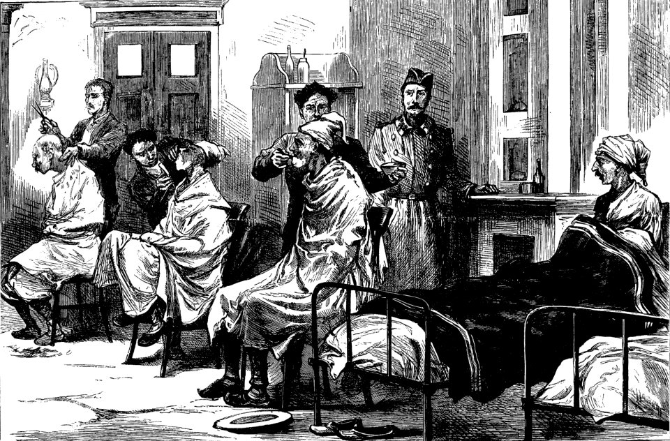 A philanthropic shave - Wounded Turks from Plevna in the English Hospital