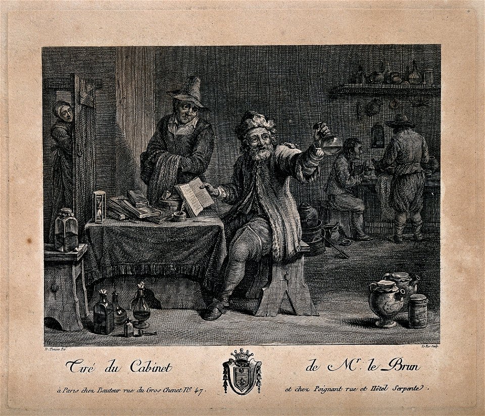 A physician, in his surgery and workshop, examining a urine Wellcome V0016047
