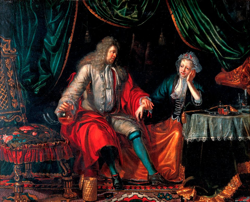 A physician feeling the pulse of a seated woman patient, attributed to Matthijs Naiveu