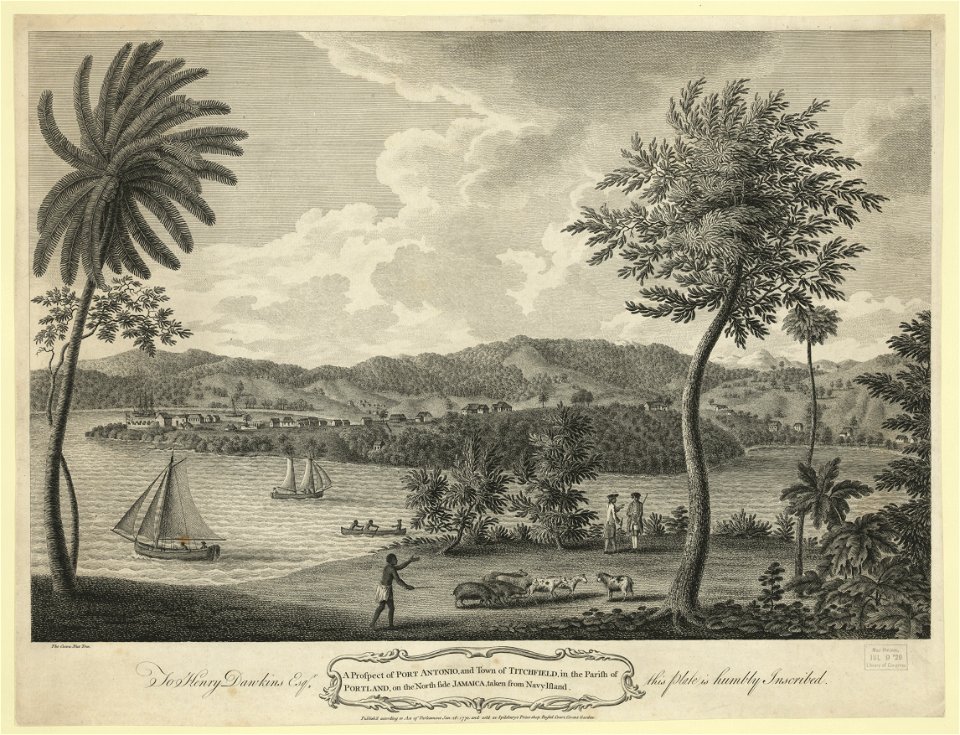 A prospect of Port Antonio, and town of Titchfield, in parish of Portland, on the North side Jamaica, taken from Navy island LCCN2004670568