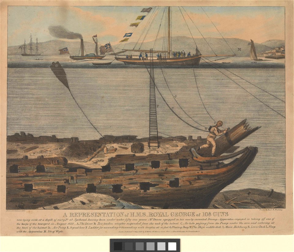 A Representation of H.M.S. Royal George of 108 Guns now lying sunk - at Spithead, having been under water fifty one years. Mr Deane equipped in his newly invented Diving Apparatus - in August 1832 RMG PW7941