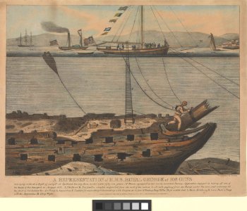 A Representation of H.M.S. Royal George of 108 Guns now lying sunk - at Spithead, having been under water fifty one years. Mr Deane equipped in his newly invented Diving Apparatus - in August 1832 RMG PW7941