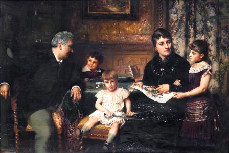 A portrait of a family gathered around a table, by Pierre Jean Van der Ouderaa