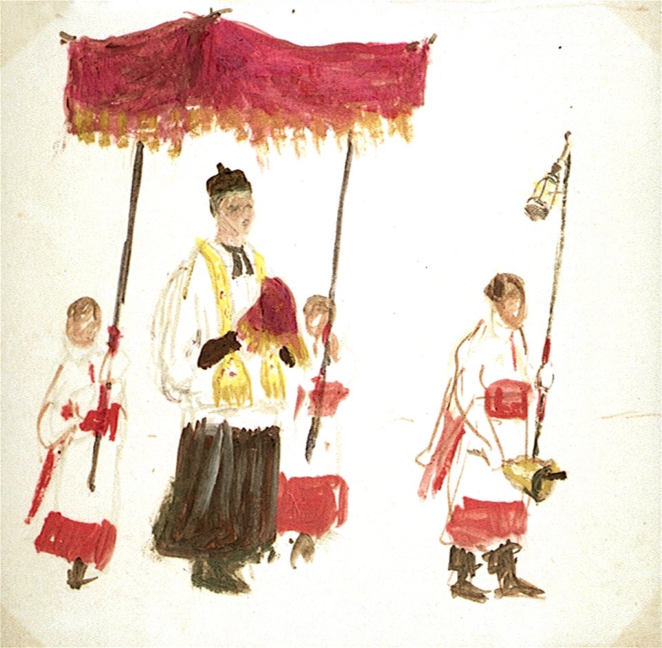 A Priest Beneath a Canopy, with Three Servers RMG PU0407
