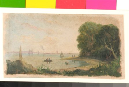 A river scene with rowing boat and sails on the horizon RMG BHC1201. Free illustration for personal and commercial use.