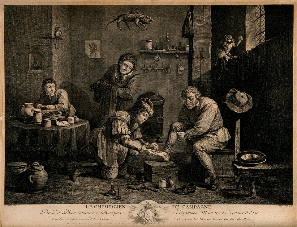 A rural surgeon treating a male patient's foot, in the backg Wellcome V0016746