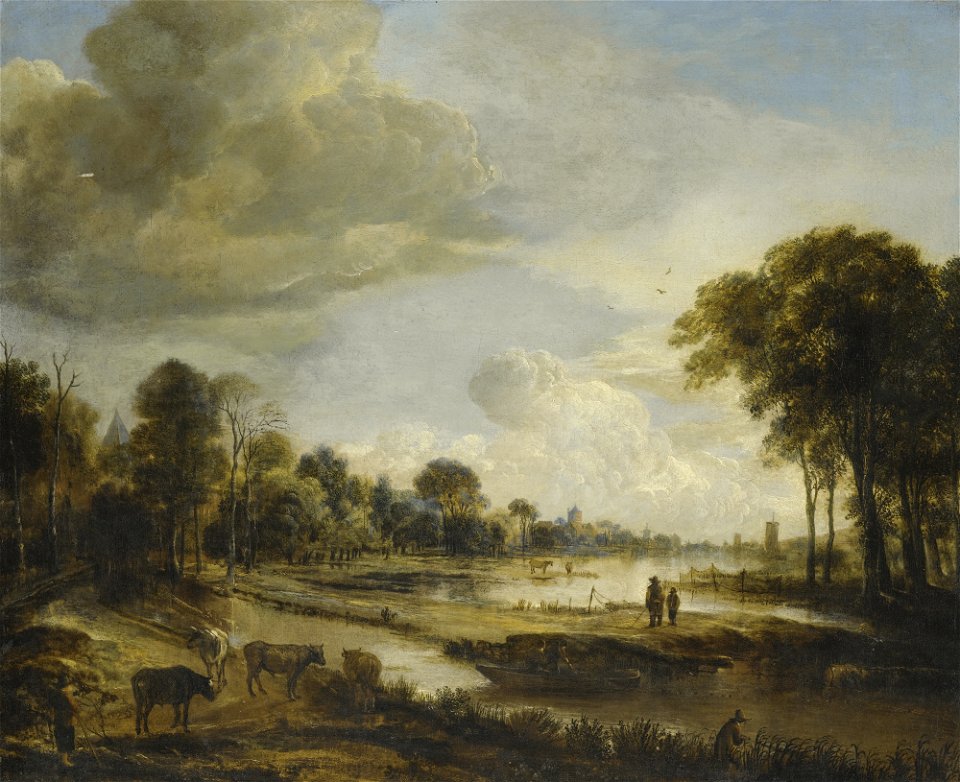 A River Landscape with Figures and Cattle by Aert van der Neer