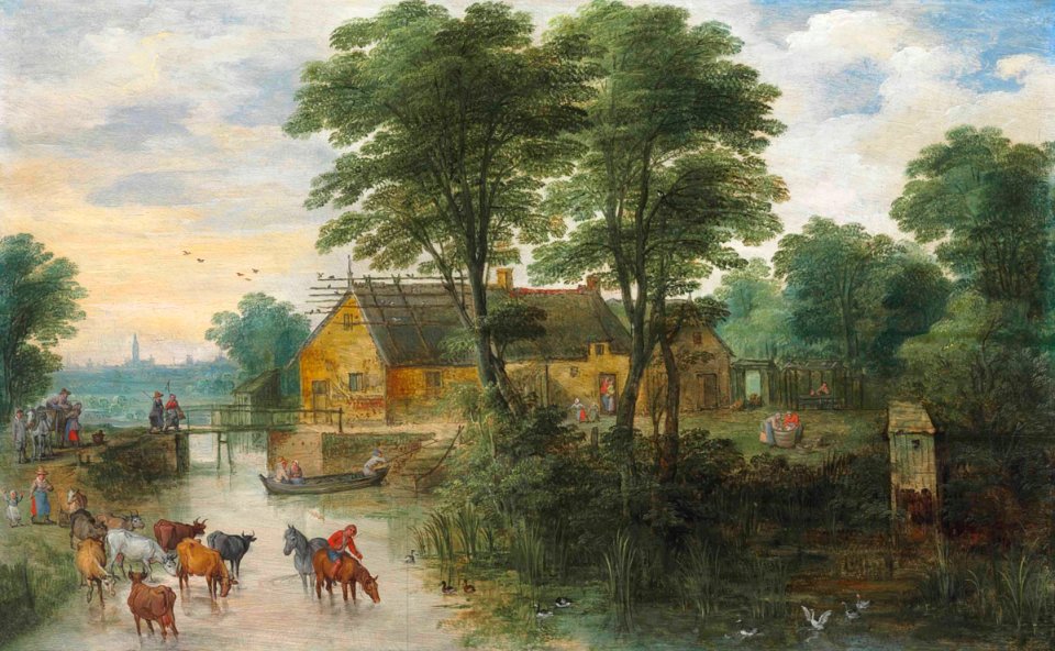 A river landscape with cottages and cattle, Antwerp in the distance 