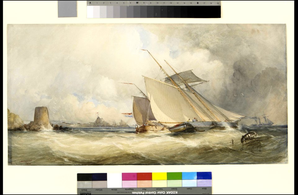 A Schooner and a Dutch Vessel close hauled in a fresh breeze in St Helier's Bay, Jersey, 1846 RMG PZ7030