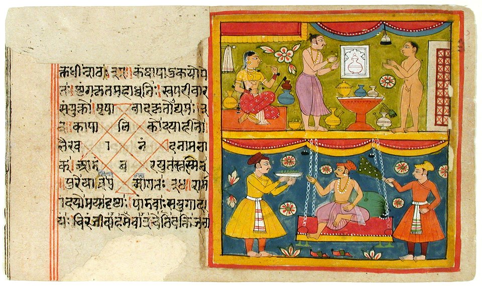 A seated noblewoman receives a Hindu and a Jain ascetic; a nobleman seated on a (6124552905)