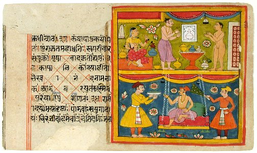 A seated noblewoman receives a Hindu and a Jain ascetic; a nobleman seated on a (6124552905)