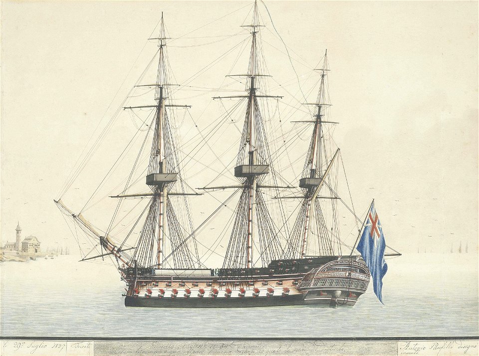 A Royal Navy two-decker lying off the entrance to Trieste, Italy by Antonio Panfilli