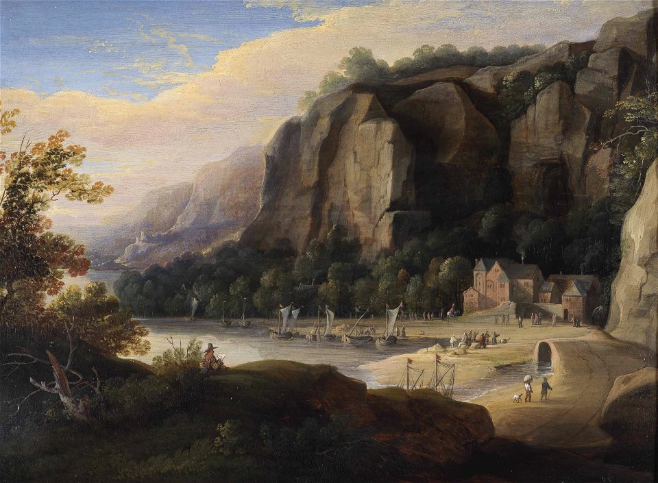 A rocky cove with fisherfolk on the shore, an artist sketching in the foreground