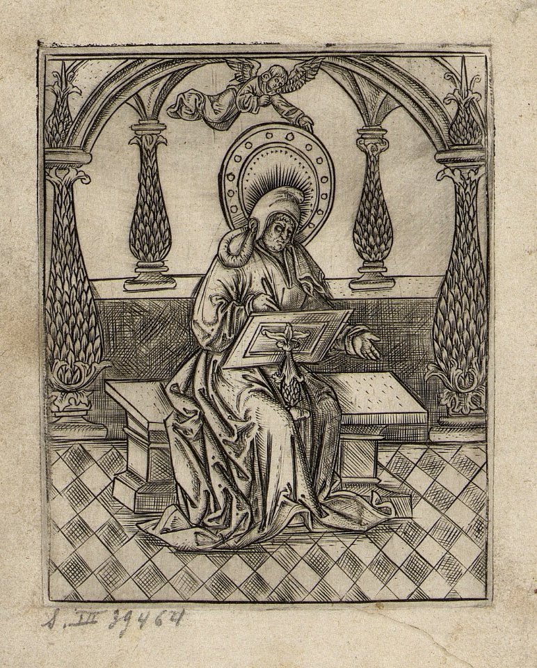 A Saint Writing at his desk, in an arcade ca.1519 print by Master S., S.III 39464, Prints Department, Royal Library of Belgium