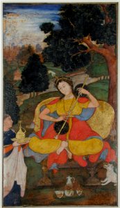 A seated woman playes the vina, waited upon by a servant (6125073288)
