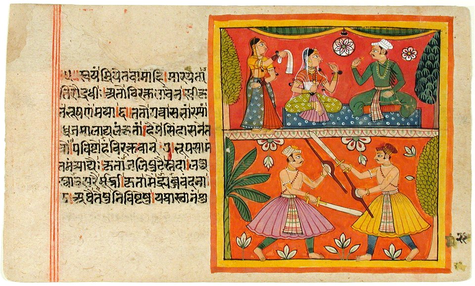 A seated couple with female attendant; two dueling swordsmen (6124552773)