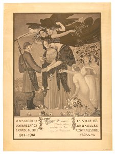 A ses glorieux combattants de la guerre 1914-1918 la ville de Bruxelles - Reconnaissance 1920 print by Constant Montald, S.I 63562, Prints Department, Royal Library of Belgium