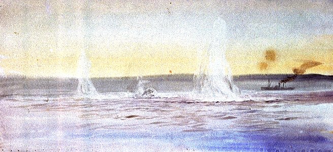 A shot splash, with a distant coast and merchant ship RMG PV1315