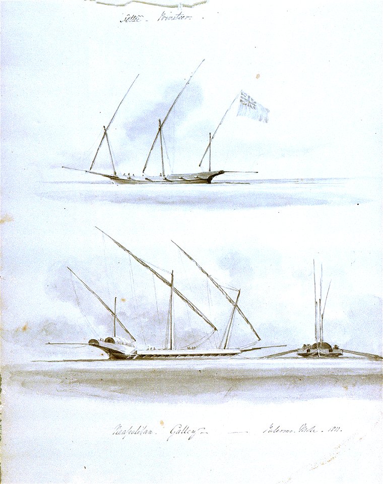 A settee - Privateer, and Neopolitan Galley, Palermo Mole 1811 PW0027