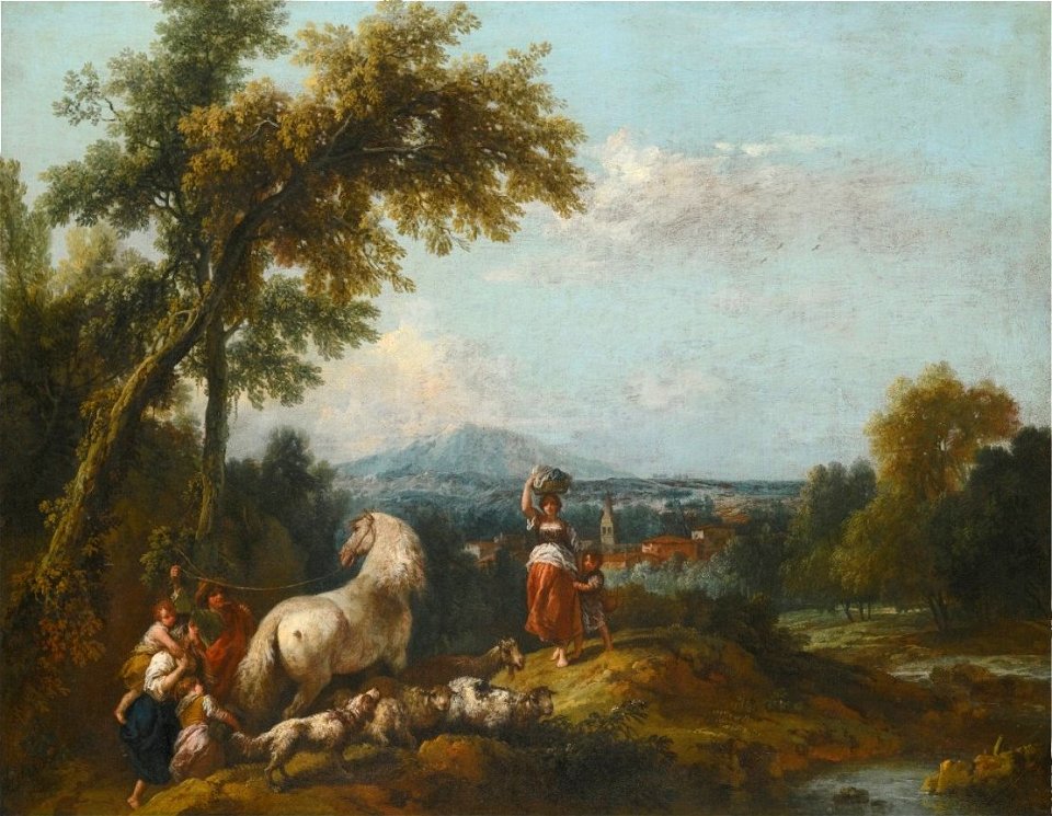A Shepherd and his Family, Driving Sheep with a Dog and a White Horse by Francesco Zuccarelli