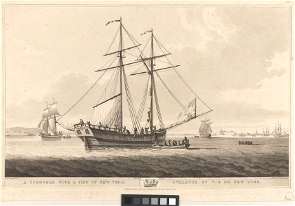 A schooner with a view of New York. Gvelette, et vue de New York RMG PY0513