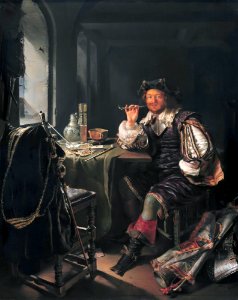 A soldier smoking a pipe, by Frans van Mieris. Free illustration for personal and commercial use.