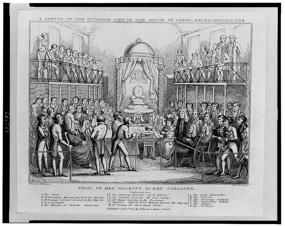 A sketch of the interior view of the House of Lords, representing the trial of her majesty Queen Caroline - drawn by Cruikshanks ; etched by Roberts. LCCN2002719719