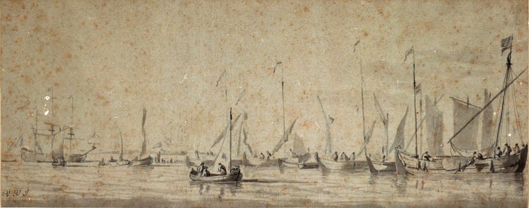 A smalschip and other vessels lying alongside one another near the shore RMG PW6832