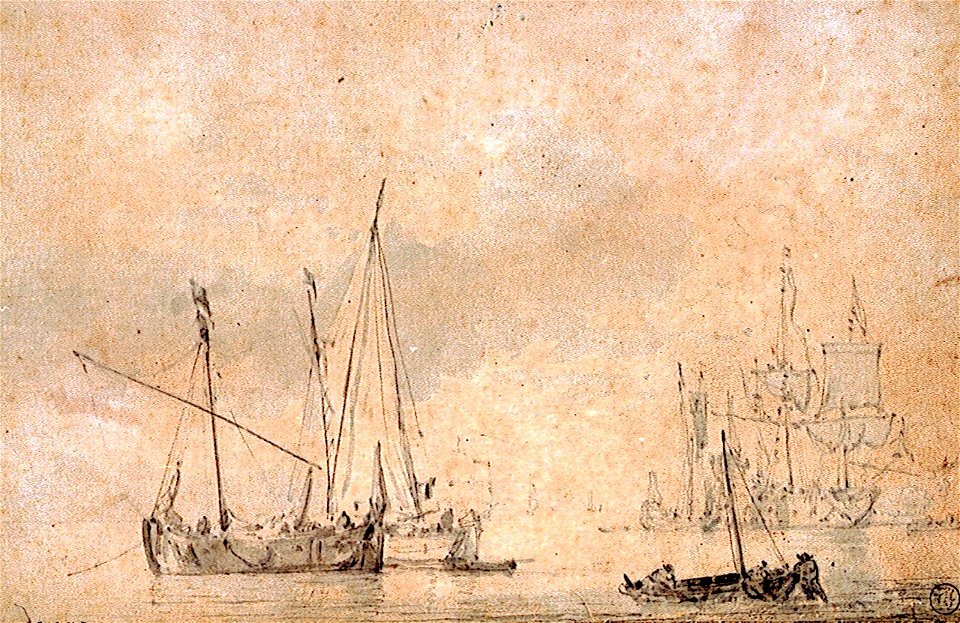 A smalschip near the shore and men pushing off a boat RMG PV5215