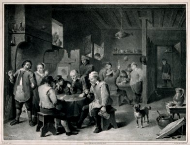 A society lunch with patrons playing dice, smoking and drink Wellcome V0019248