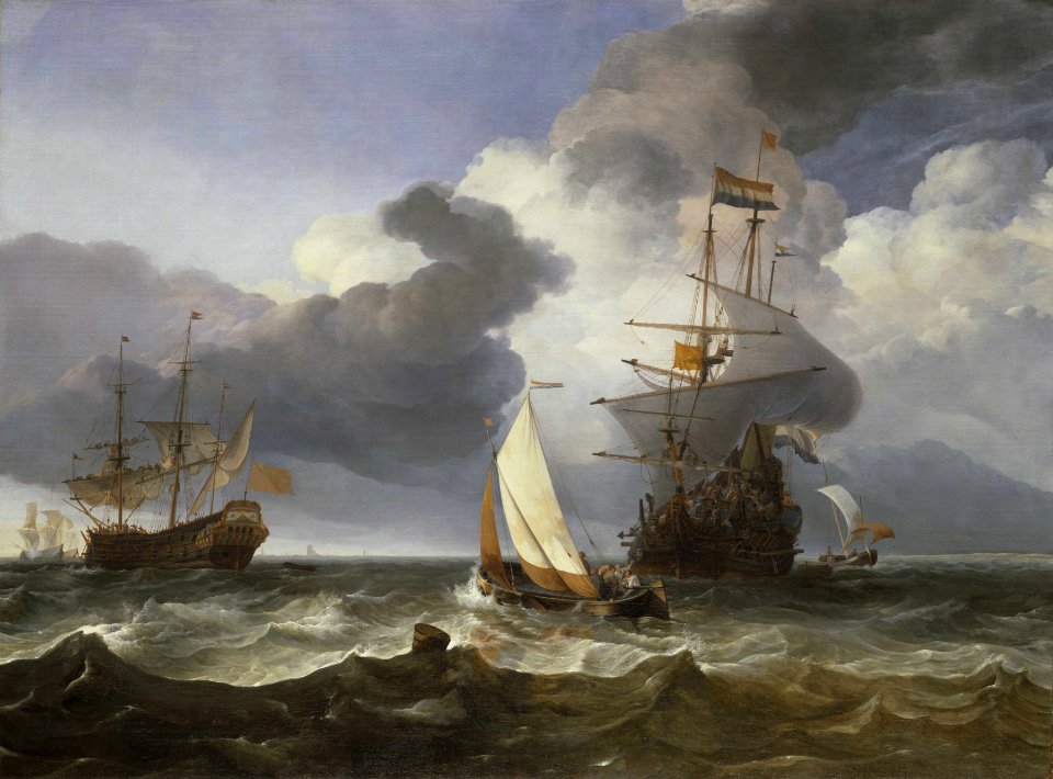 A Smalschip with two Dutch East Indiamen coming to Anchor RMG BHC0917