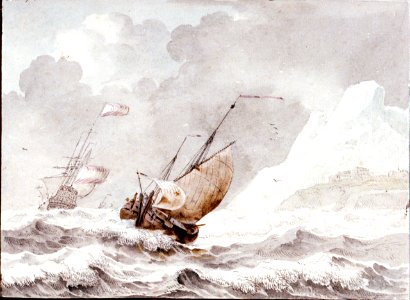 A small pink close hauled in a strong breeze off a rocky shore RMG PU8467