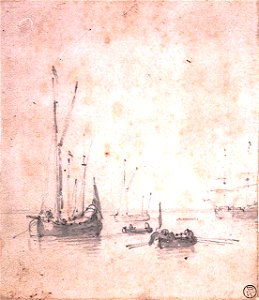 A small ketch at anchor and a boat pulling past her RMG PV5214