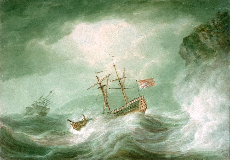 A storm, with an anchored ship in distress off rocky coast RMG PW5904