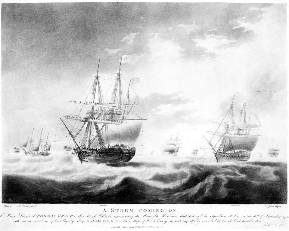 A Storm Coming On! To Rear Admiral Thomas Graves - representing the Memorable Hurricane that destroy'd his Squadron at Sea, on the 16th of September 1782 - Ramilles &c the Prize Ships of War and Convoy - by - Robt Dodd RMG A6905