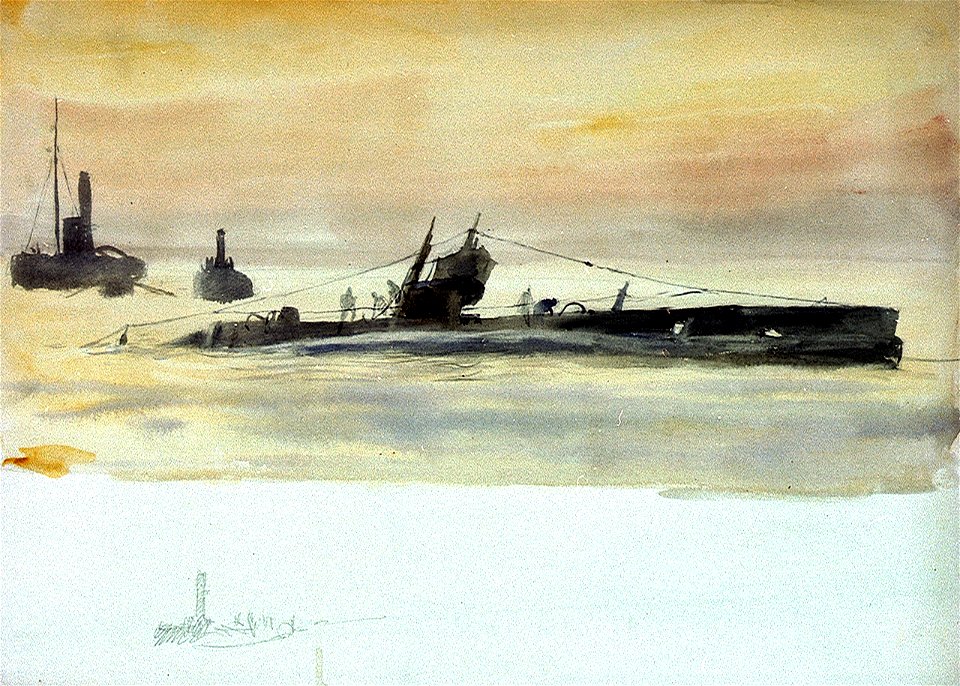 A submarine, possibly disabled, and other vessels RMG PV0054