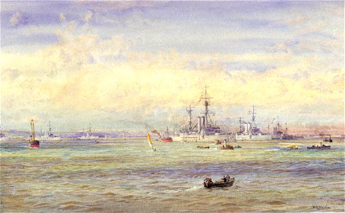 A sunny naval anchorage, with six 'King Edward VII'-class battleships and other shipping RMG PW2122