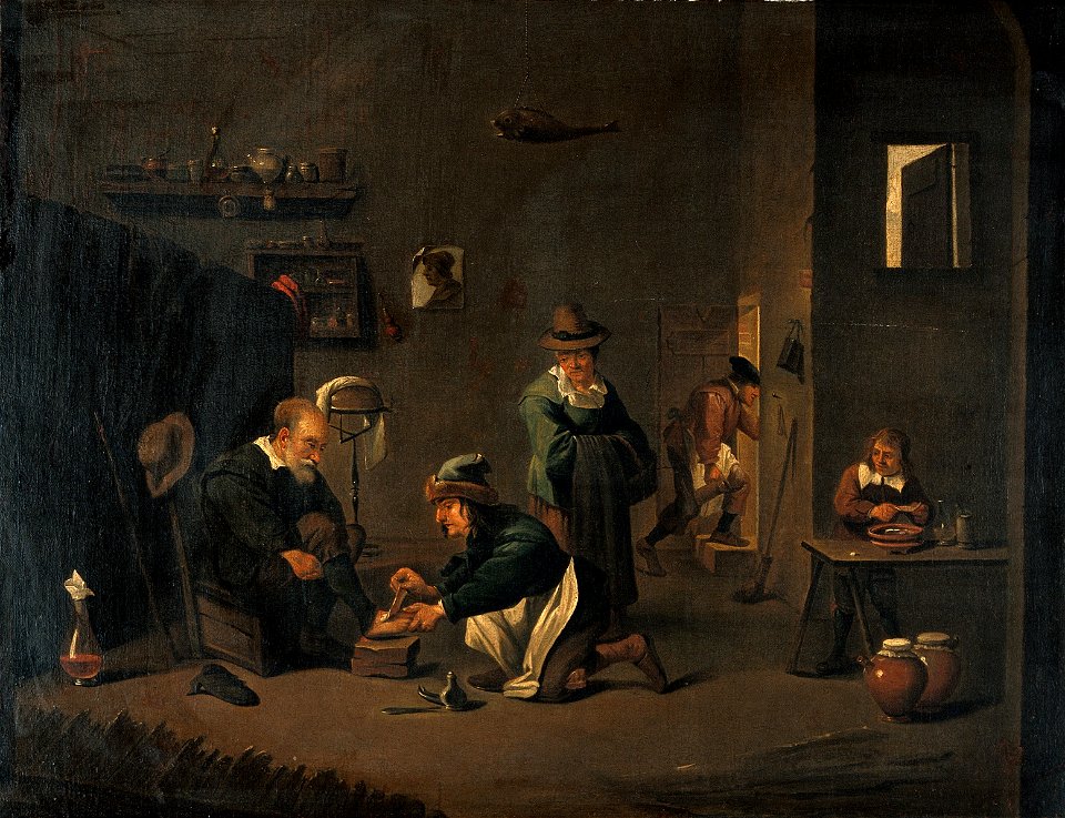 A surgeon removing a plaster from a man's foot. Oil painting Wellcome V0017544