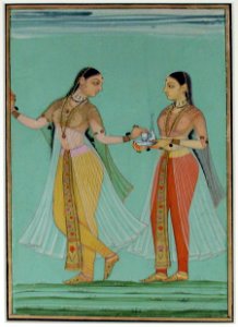 A standing lady offered a tray by her maid (6124544619)