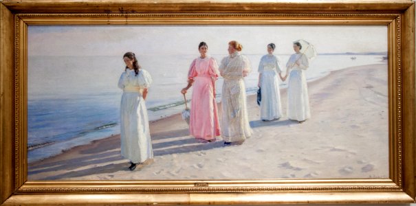 A stroll on the beach, by Michael Ancher, with frame. Free illustration for personal and commercial use.