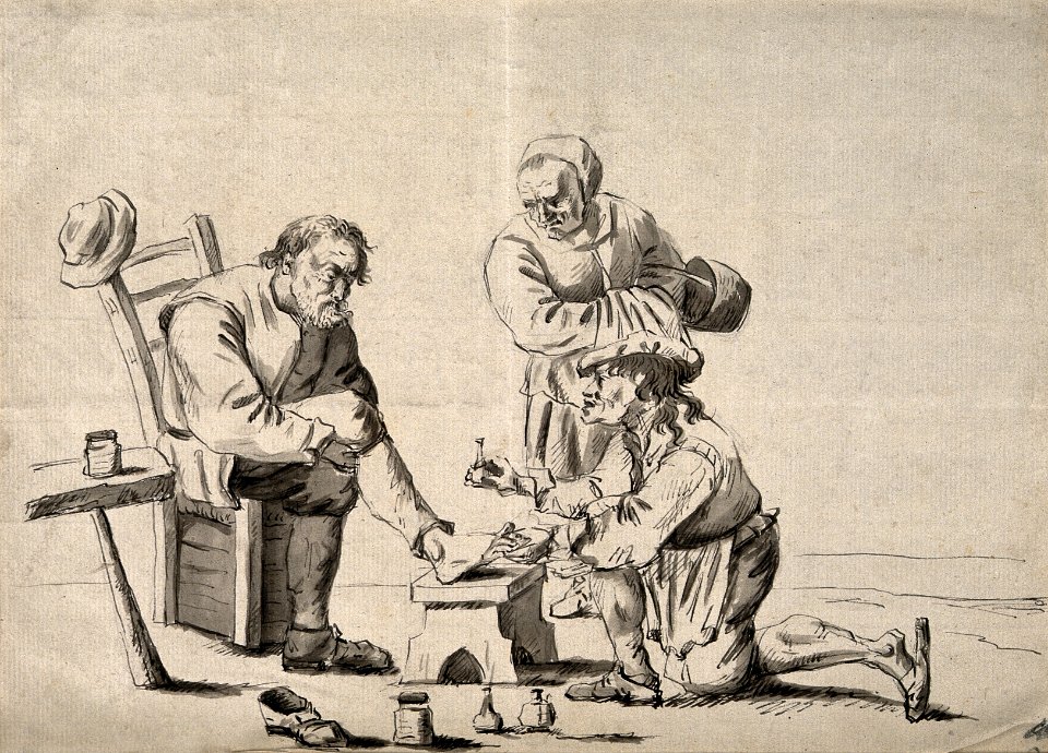 A surgeon treating an elderly man's foot, his wife observes Wellcome V0016747