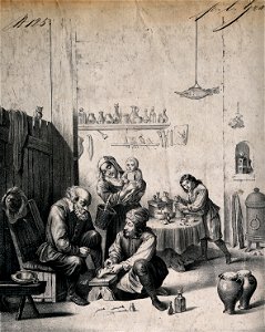 A surgeon treating an elderly man's foot, in the background Wellcome V0016745
